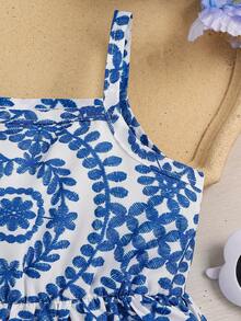 Bộ 2 váy + mũ in hoa cho bé gái, phong cách thanh lịch, nhẹ nhàng cho mùa xuân/hè - Xanh đậm - Xem 4