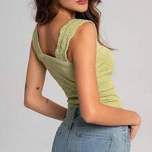 S.Women's Square Neck Wide Strap Crop Tops Flower Going Out Tops Lettuce Trim Crop Cami Tops - Green - View 4