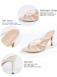 Sandalias de tacón de aguja con tira de metal y punta abierta para mujer, tacones altos brillantes de color albaricoque estilo sexy para fiesta