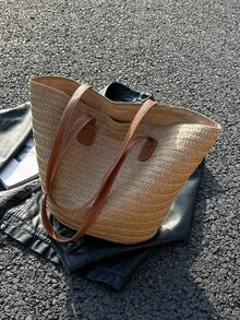 1pc Large Capacity Khaki Woven Zipper Tote Bag With Dual Shoulder Straps, Straw Shoulder Bag For Travel, Vacation, Beach - Khaki - View 1