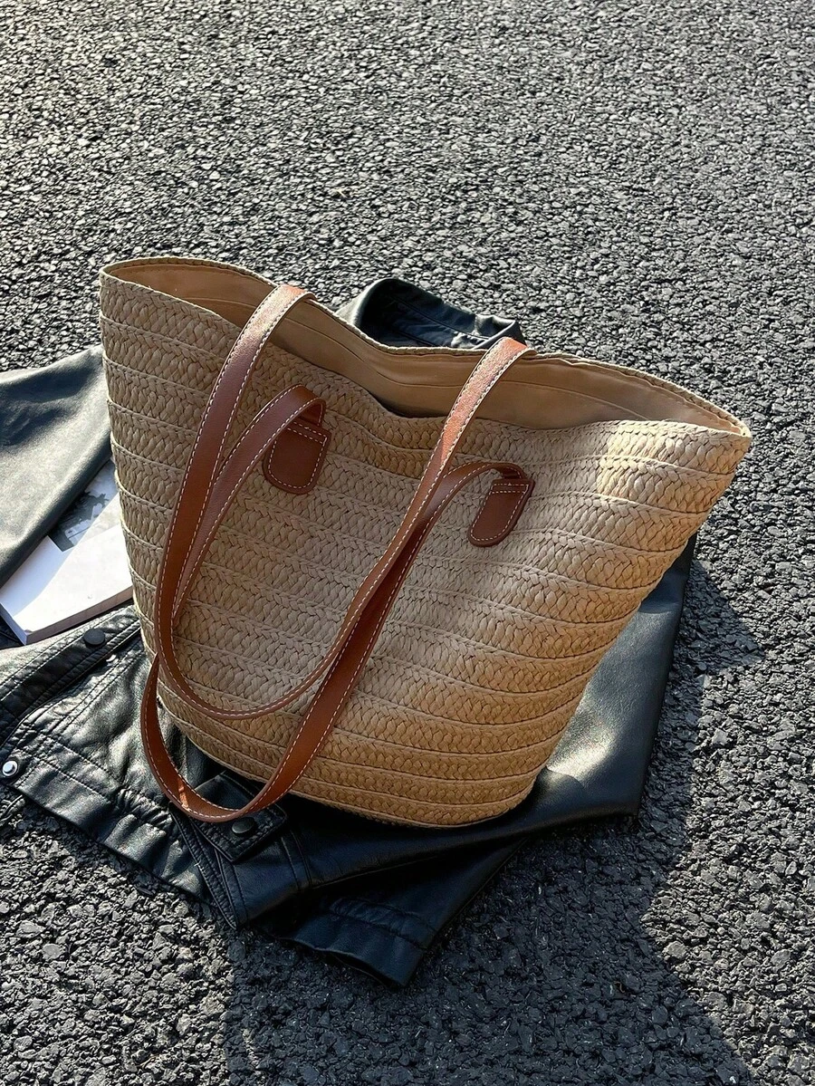 1pc Large Capacity Khaki Woven Zipper Tote Bag With Dual Shoulder Straps, Straw Shoulder Bag For Travel, Vacation, Beach - Khaki - View 1