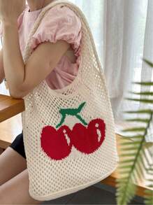 Fashionable Large Capacity Tote Bag, Women's Casual Crochet Hand Bag, Hollow-Out Strawberry Pattern Beach Bag, Lightweight Shoulder Bag Suitable For Teenager Girls, College Students, Vacation, Outdoor Travel, Beach, Daily Use, Travel Essential, Perfect Gift For Women