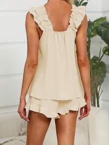 Women's Summer Lounge Set Ruffle Shoulder Strap Tank Tops Drawstring Shorts Sleepwear Sets - Light Yellow - View 6