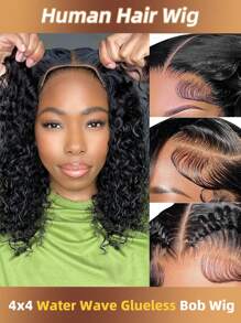 Peruca Bob Sem Cola de 12" Onda de Água com Densidade de 180%, Cabelo Natural com Frente de Laço 4*4 Pré-Arrancado e Descolorido, Tira Ajustável para Ajuste Seguro - Fácil para Iniciantes, Sem Necessidade de Cola, Adequada para Todas as Etnias