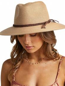 1 Pc Bohemian Style Woven Jazz Hat / Straw Hat For Vacation - Khaki + Twist Decoration - View 8