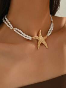 1 pieza Elegante collar de mujer de moda para verano con elementos marinos en estilo bohemio - Estrella de mar dorada, conchas de colores, caracol, pez dorado, caballito de mar, langosta roja, sirena. Cuentas de semillas, piedras, estrella de mar de cristal, incrustación de conchas y caracoles falsos de perla, cadena chapada en oro. Varios diseños encantadores de collares para fiestas de playa y vacaciones