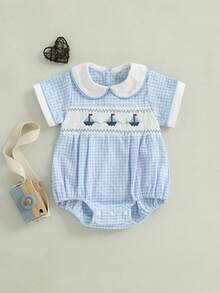 Baby Girl Summer Romper Loose Fit Sailboat Embroidery Plaid Smocked Doll Collar Short Sleeve Infant Jumpsuit - 藍色 - 查看 1