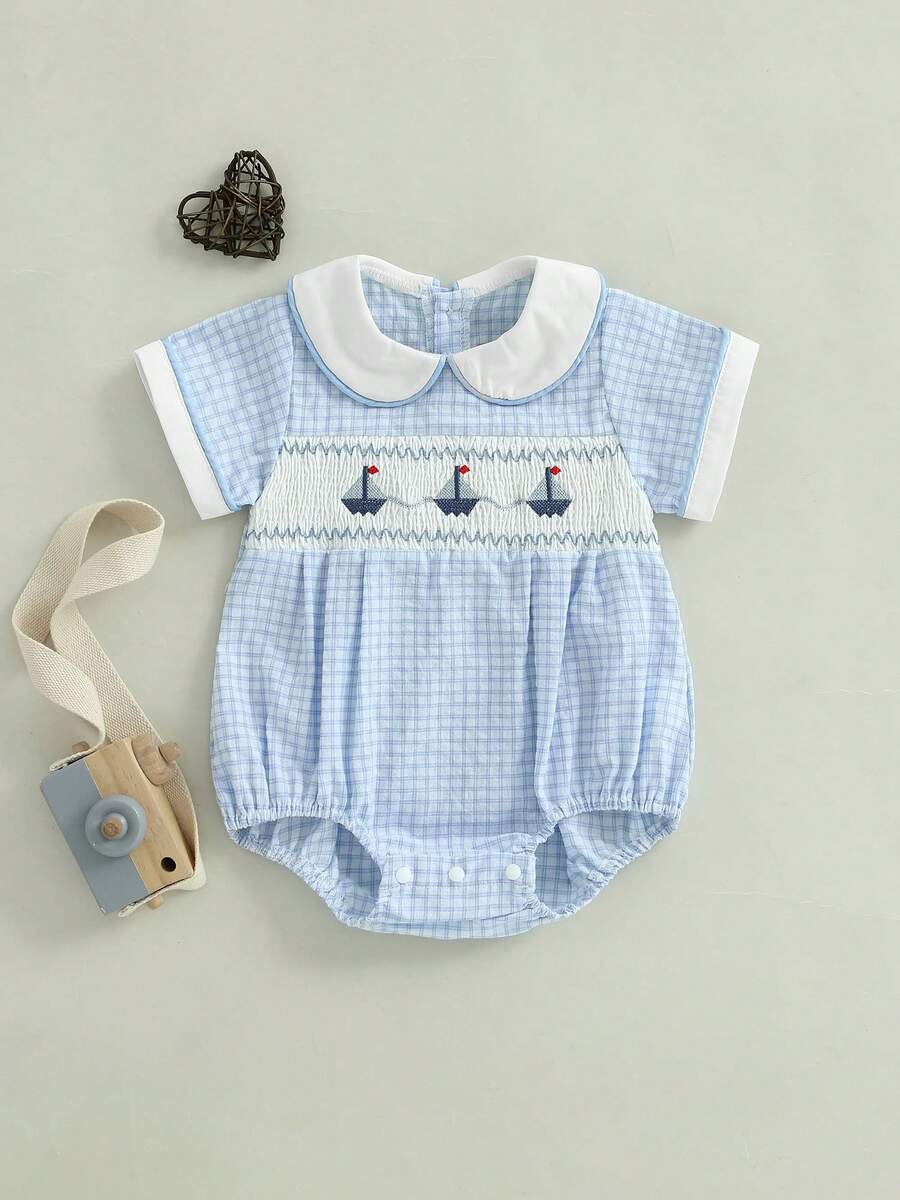 Baby Girl Summer Romper Loose Fit Sailboat Embroidery Plaid Smocked Doll Collar Short Sleeve Infant Jumpsuit - 藍色 - 查看 1