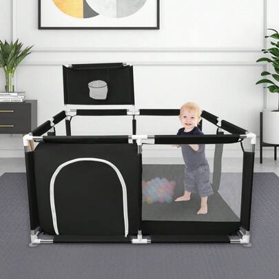 Zaun mit stoßfestem Schaumstoffpolster und atmungsaktivem Netz, Zaun, Zaun, großer Gürtelzaun, Oxford-Stoffzaun, Zaun für Wohngebäude, mit Basketballkorb, 50 Bälle, 4 Saugnäpfe, 126 * 126 * 66 cm