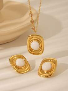 Juego de 3 piezas de collar colgante de acero inoxidable con baño de oro de 18 quilates, piedra de ojo de gato verde y forma geométrica de rombo, joyería de estilo europeo y americano de moda adecuada para regalo de mujer para fiesta y cumpleaños