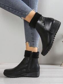 秋冬季保暖内衬踝靴，防滑妈妈鞋平底中跟短筒保暖黑色靴子 - 黑色 - 查看 6