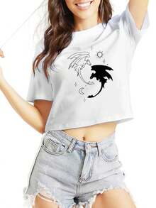 Crop Top Toothless Dragon Shirt, Toothless And Light Fury Shirt,  Shirt, Toothless TeeCrop T-Shirt  Short Tee  For Women, Soft And Breathable , Perfect For Holiday Parties & Gift