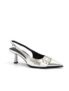 RevReaL Pointed Toe Slingback Heels With Double Buckle Detail - Minimalist Chic Pumps - Silver - View 2