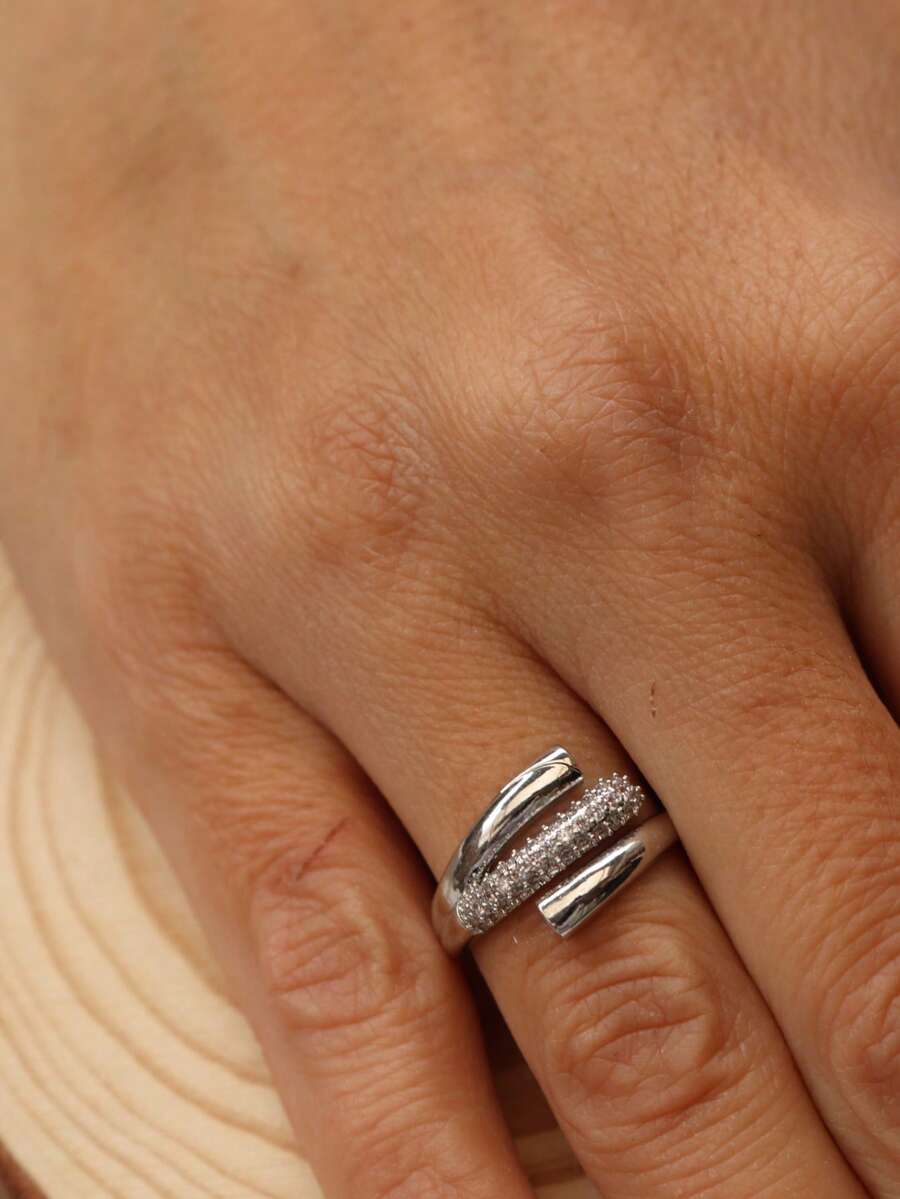 Adjustable Open Adjustable Women's Ring With Shiny  Delicate Studded Stones Semi-Jewelry - Silver - View 1