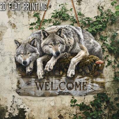 2D 平面狼主题欢迎标志，乡村风格木质墙面装饰，逼真的狼图案，多用途室内/室外悬挂标志，适用于家庭、门廊、花园，耐用的 2D 平面印刷家居装饰