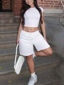 Women's Casual Versatile Solid Color Bermuda Denim Shorts White Summer - White - View 8
