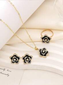 Conjunto de 4 joias de flores da moda com strass, colar de camélia elegante e versátil, brincos e anel adequados para mulheres, uso diário, festas e trajes festivos