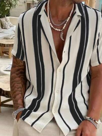 2025 Men's Comfortable Casual Summer Vacation Colorblock Striped Versatile Short Sleeve Shirt