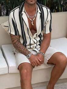 男士休闲撞色条纹短袖衬衫，舒适度假风 - 黑色 - 查看 2