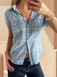 Women's Button Down Shirt Casual Contrast Color Plaid Turn Down Collar Short Sleeve Tops For Spring Summer - Màu xanh lam - Xem 5