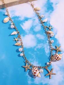 1pc Fashionable, Exquisite, Luxury Summer Beach Resort Style Starfish, Shell, Seashell, Pearl Decor Long Necklace For Women, Daily & Beach Outfit Jewelry