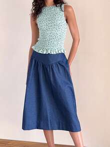 Women Sleeveless Smocked Tank Tops Summer Striped/Floral/Dot Pattern Round Neck Slim Fit Ruffled Vest Shirts - 藍色 - 查看 5