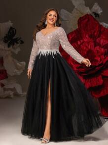 VIPGIRL Abendkleid in Große Größen mit langen Ärmeln und Glitzer, bodenlanges schwarzes Tüllkleid mit paillettenbesetztem Oberteil, elegantes Abendkleid für Frauen mit V-Ausschnitt, Abiball-Kleid mit Schlitz, funkelndes Partykleid für Gala & Hochzeitsgäste