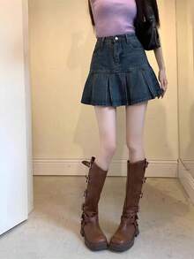 ヴィンテージ ハイウエスト プリーツ デニムハーフスカート、女性向け夏の新作 お腹を隠して見た目痩せる デザイン性のあるAラインヒップアップミニスカート - レトロブルー - チェックする 2