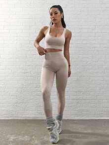 无缝瑜伽基本款运动背心和紧身裤 - 香檳色 - 查看 5