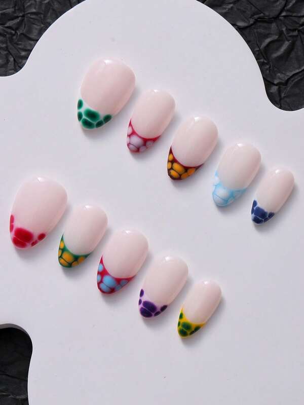 10pcs/Pack Super Short Almond Nail Tips With Handpainted French Tortoiseshell Tie Dye, Luxurious Handmade Nail Art Suitable For Ladies And Girls, Cute, Sweet, Sexy, Ins, Y2K, Elegant Design