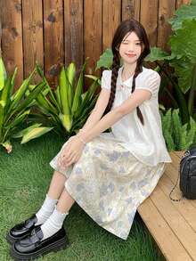 韩版彼得潘领短袖女式衬衫，甜美宽松上衣，精致小众夏季上衣 白色 - 白色 - 查看 3