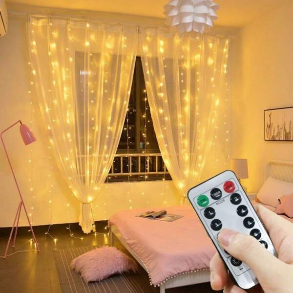 1pc Warm White Curtain String Lights, Fairy Lights, USB Powered LED Fairy Curtain Lights With 8 Lighting Modes, For Party, Living Room, Bedroom, Indoor Decor, Christmas, Halloween, Wedding, Birthday, Housewarming
