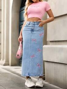 春夏休闲时尚优雅日常旅行机场休闲牛仔蝴蝶刺绣开衩洗水牛仔直筒A字中长牛仔裙 - 藍色 - 查看 7