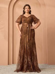 Mgiacy, Hàng mới về, Cổ chữ V, Lưới in, Cà vạt, Tay áo lồng đèn ngắn, Quấn hông, Cao cấp, Đầm dạ hội, Dành cho, Đầm sự kiện cà vạt đen - Cà phê nâu - Xem 1