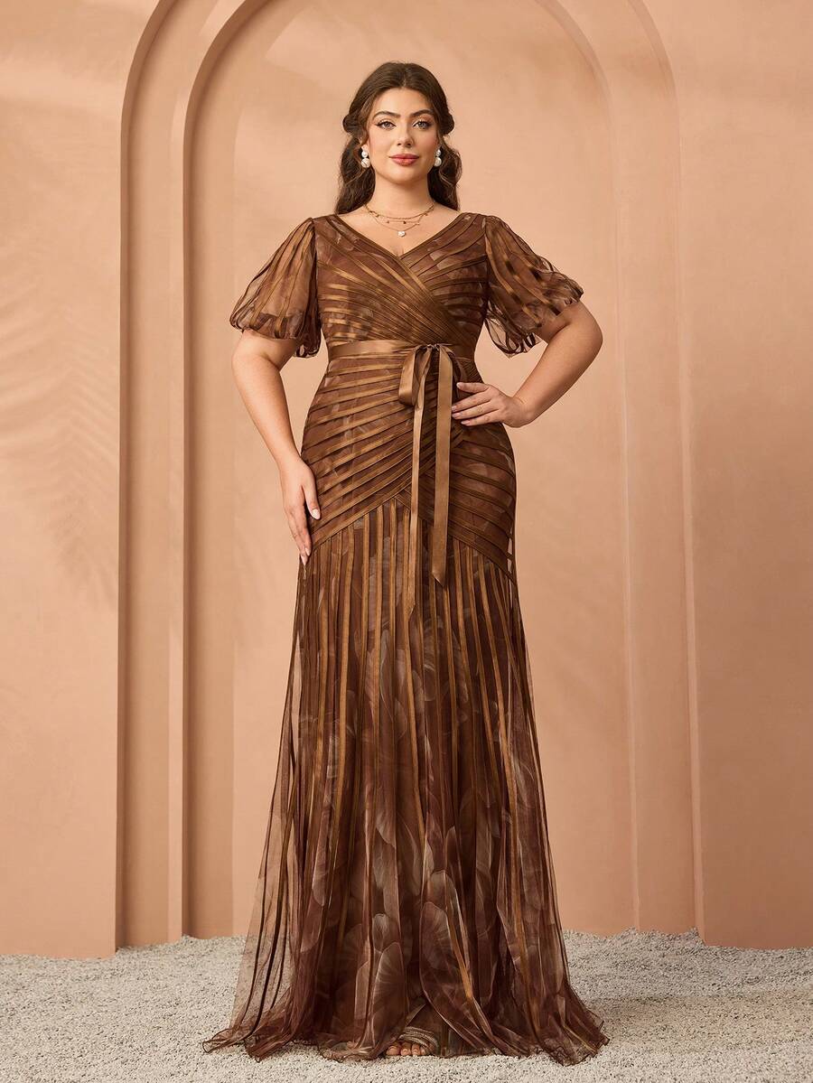 Mgiacy, Hàng mới về, Cổ chữ V, Lưới in, Cà vạt, Tay áo lồng đèn ngắn, Quấn hông, Cao cấp, Đầm dạ hội, Dành cho, Đầm sự kiện cà vạt đen - Cà phê nâu - Xem 1