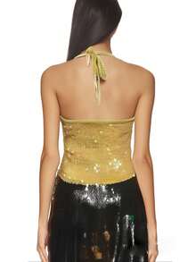 Women's Sequin Halter Neck Knit Tank Tops Shiny Sequin Sleeveless Backless Slim Fit Crop Vest Summer Top - 黃色 - 查看 4