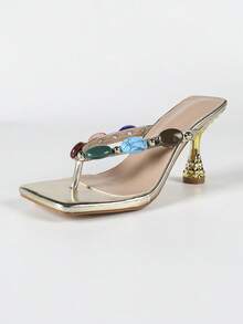 时尚金色尖头高跟凉鞋，宝石镶嵌穆勒高跟鞋 - 金色 - 查看 3