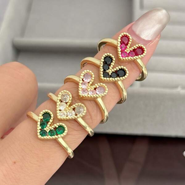 Anillo romántico con forma de corazón simple, de cobre con CZ de colores para mujeres, joyería de moda adecuada para parejas para uso diario/regalo para vacaciones