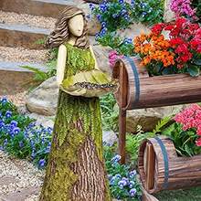[Rustic Fairy] Green Vintage Rustic Forest Fairy Girl Bird Feeder Outdoor Garden Statue, Resin Craft, Lawn Ornament, 15cm, Woodland Decor - Multicolor - View 4