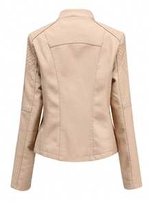 New Spring/Autumn Women's Short Slim Fit Lightweight Jacket, Women's Motorcycle Jacket, Women's Faux Leather Jacket 6638 Fall - Apricot - View 4