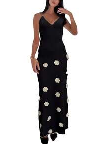 Women's Knit Maxi Dress Spaghetti Strap Floral Dresses Bodycon Knitted Beach Long Dress Backless Swim Cover Up Dresses - Black & White - View 1