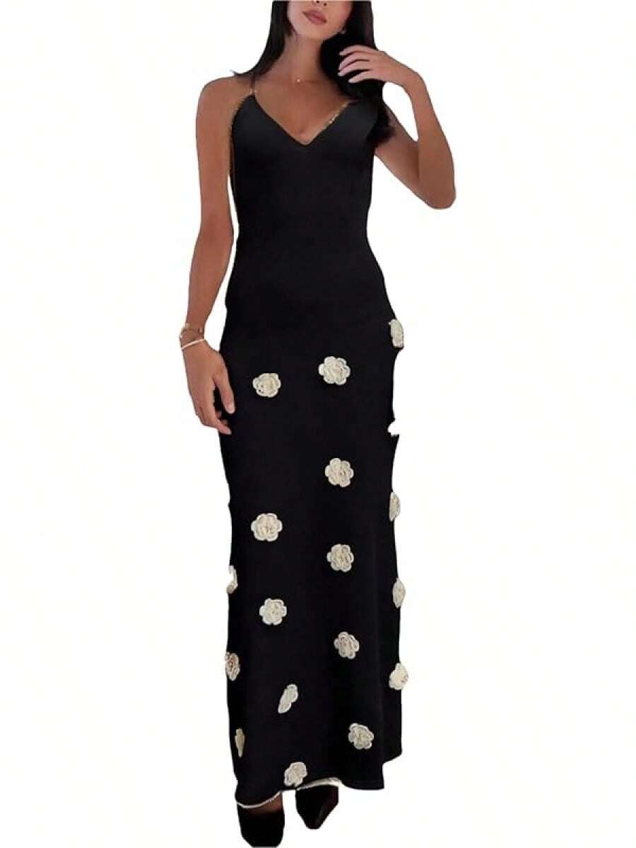 Women's Knit Maxi Dress Spaghetti Strap Floral Dresses Bodycon Knitted Beach Long Dress Backless Swim Cover Up Dresses - Black & White - View 1