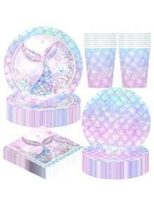10pcs/20pcs/50pcs/80pcs Mermaid Theme Party Paper Plates & Tableware, Suitable For Princess Baby Shower, Under The Sea Mermaid Birthday Party Decorations, Ocean Theme Tableware (Plates, Cups, Napkins) - Multicolor - View 3
