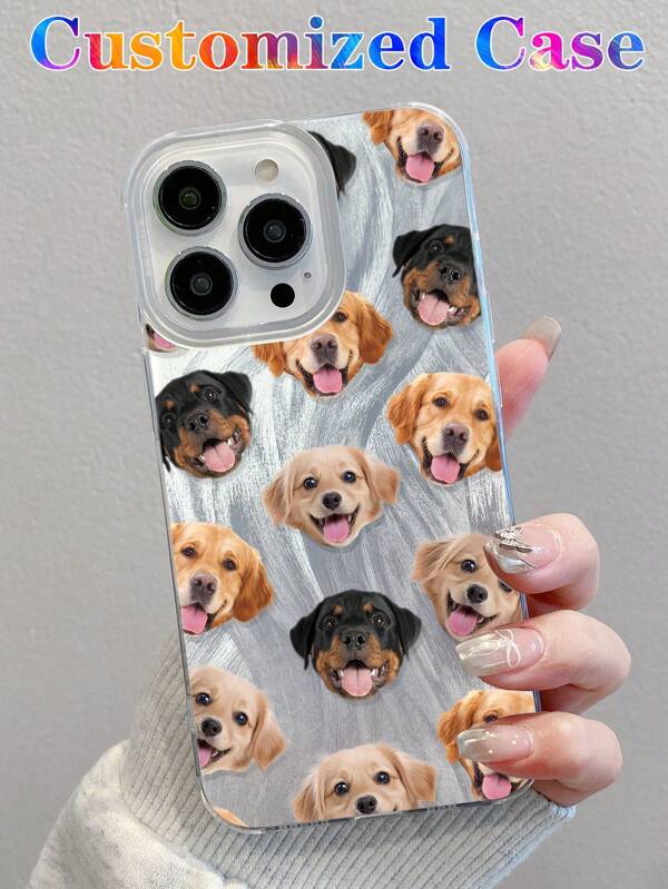 1 st. Gepersonaliseerde zilveren print met foto-uitsparing van hond en kat, telefoonhoesje met transparant frame, valbestendig, geschikt voor 11/12/13/14/15/16 Pro Max, Galaxy S23/S24/S25 Ultra 5G, A13/A14/A15/A16/A33/A34/A35/A55/A56