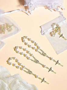 粉色玫瑰十字架念珠手链，配欧根纱袋，生日派对礼物，周年纪念礼物 - 粉紅色-30件 - 查看 7