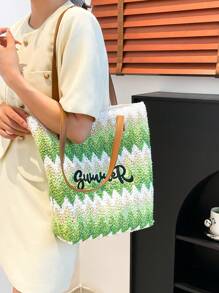 New Straw Woven Bag, Women's Large Capacity Shopping Tote Bag, Striped Letter Beach Bag, Embroidery Leisure Travel Lightweight Handbag