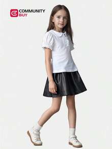 Blusa Blanca de Manga Bombacha con Cuello Peter Pan para Niñas, Estilo Minimalista, Manga Sin Mangas Bordada, Novedad - Blanco - Ver 2