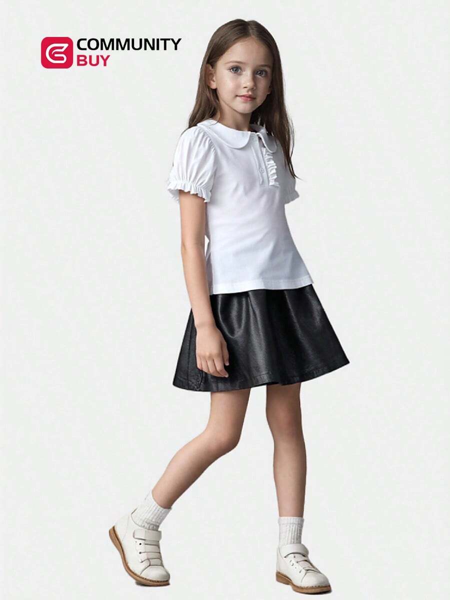 Blusa Blanca de Manga Bombacha con Cuello Peter Pan para Niñas, Estilo Minimalista, Manga Sin Mangas Bordada, Novedad