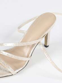 Sandalias de tacón de aguja con tira de metal y punta abierta para mujer, tacones altos brillantes de color albaricoque estilo sexy para fiesta