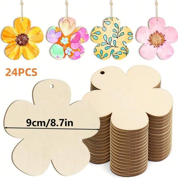 12/24 Pcs DIY Wooden Floral Decor Pieces - Colorful Spring Decorative Cutouts With Ropes, Suitable For Hanging, Floral Decor, Wooden Floral Cutouts, Florals